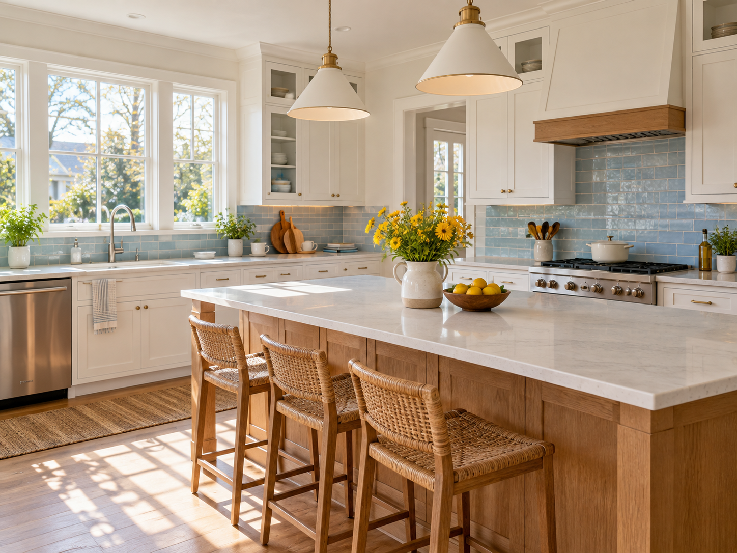 A freshly cleaned white kitchen with a pale oak island and sunlight streaming in
